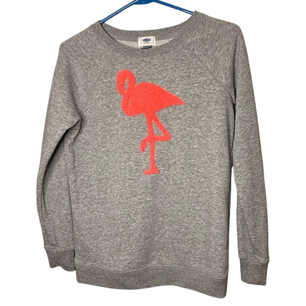 Old Navy Grey Lightweight Sweatshirt Pink Textured Flamingo Graphic Size XS